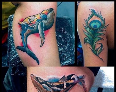 New School大臂羽毛鲸鱼纹身图案