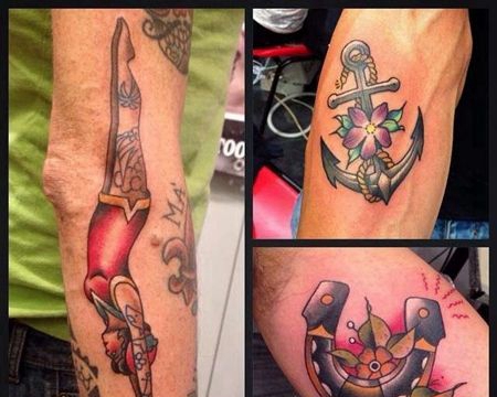 New School小臂人像马蹄铁船锚纹身图案