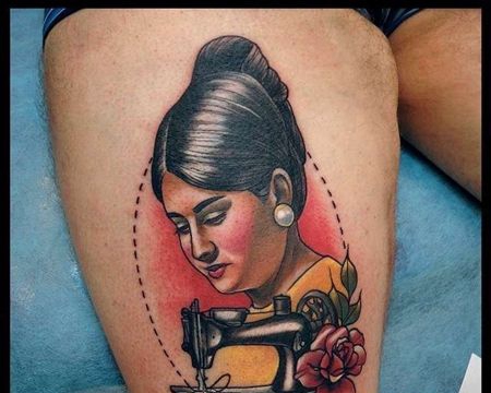 New School大腿人像缝纫机纹身图案