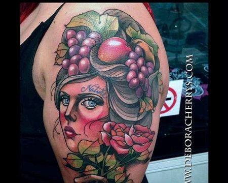 New School大臂人像玫瑰水果纹身图案