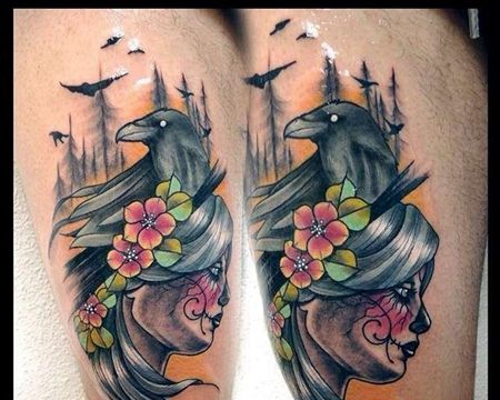 New School大腿人像乌鸦纹身图案