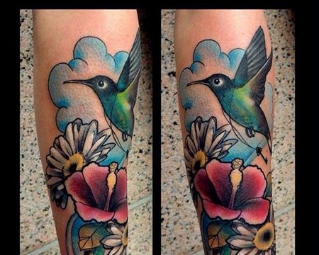 New School小臂鸟花卉纹身图案