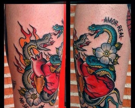 New School小腿心脏蛇纹身图案