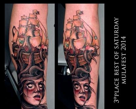 New School小腿人像帆船纹身图案