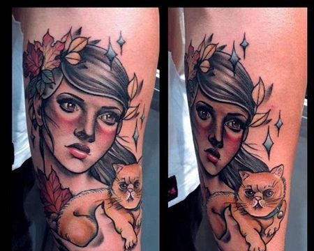 New School小臂人像猫纹身图案