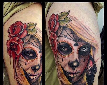 New School大腿人像玫瑰纹身图案