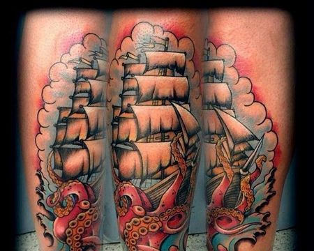 New School小腿章鱼帆船纹身图案
