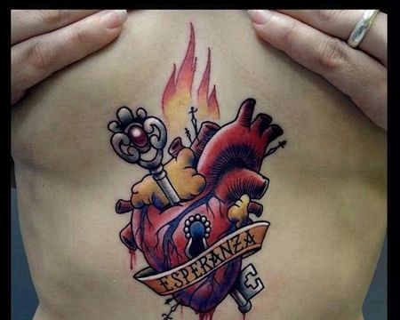 New School胸下心脏钥匙纹身图案