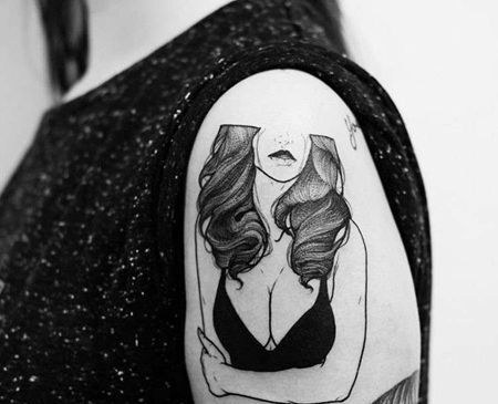 小清新点线大臂人像纹身图案