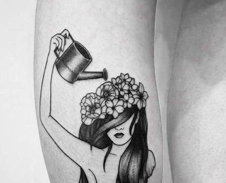 小清新小腿人像花卉纹身图案