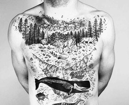 点线几何胸前鲸鱼山纹身图案