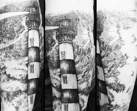 线条灯塔海浪纹身图案