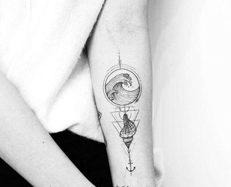 小清新几何小臂海浪海螺纹身图案