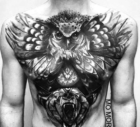 写实胸前猫头鹰熊纹身图案