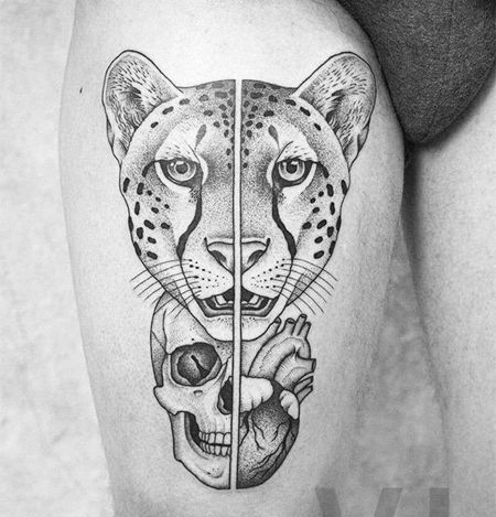 点刺几何线条侧腰豹子骷髅心脏纹身图案