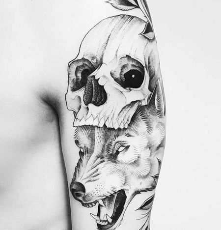 点线大臂人像骷髅纹身图案