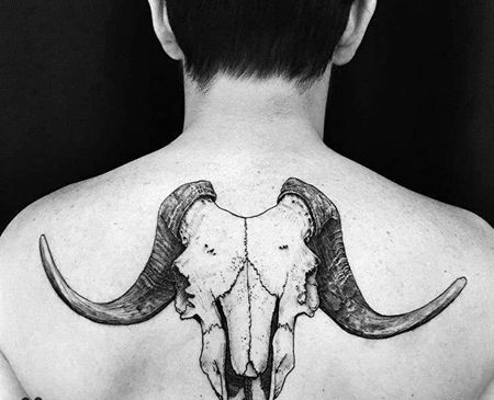 线条后背羊骷髅纹身图案