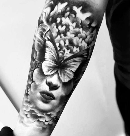 写实小臂人像蝴蝶纹身图案