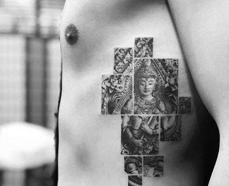 写实侧腰佛纹身图案