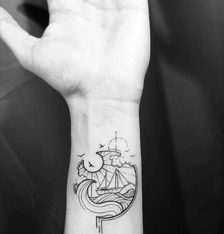小清新线条几何小臂海帆船纹身图案