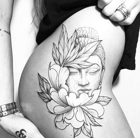 线条点刺大腿花卉佛纹身图案