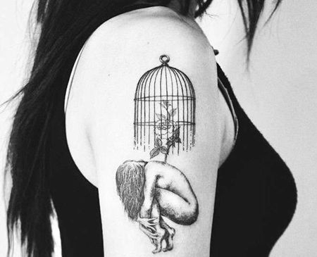 点线大臂花卉人像笼子纹身图案