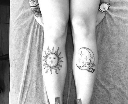 小清新小腿太阳月亮纹身图案
