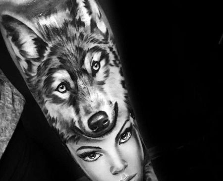 写实小臂人像狼纹身图案