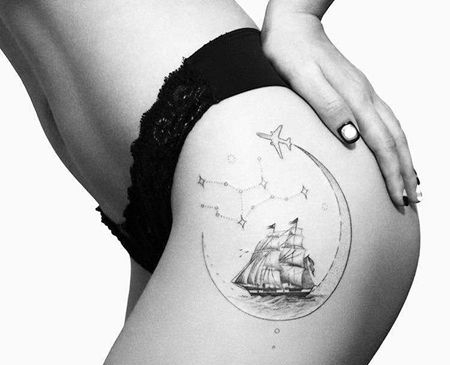 小清新大腿帆船纹身图案