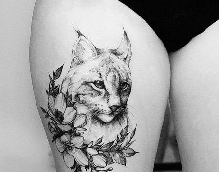 点线大腿猫花卉纹身图案