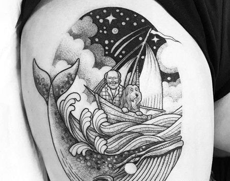 点刺线条大腿鲸鱼海纹身图案