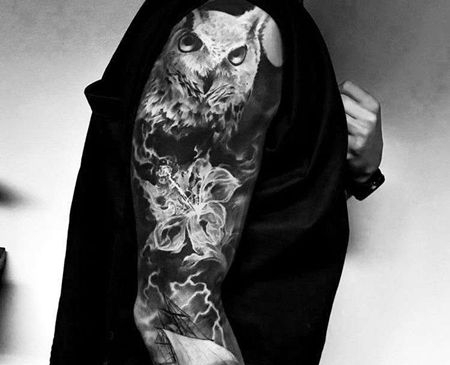 写实大臂猫头鹰帆船纹身图案