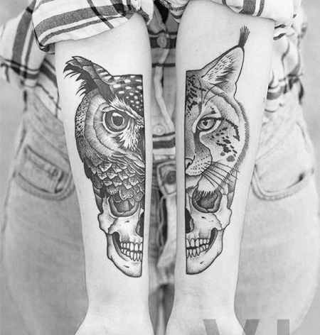 点刺小臂猫头鹰猫骷髅纹身图案