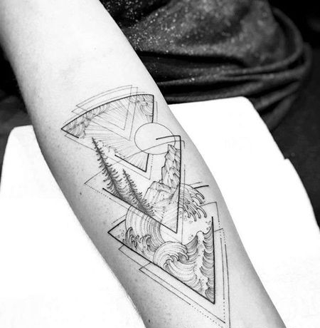 几何点线小臂海浪山纹身图案