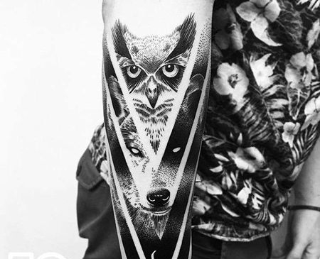 点刺几何小臂狼猫头鹰纹身图案