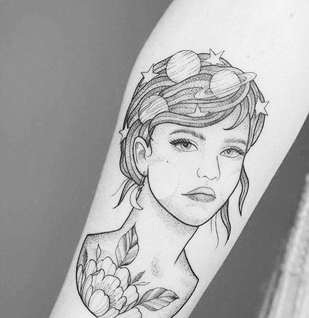 点刺线条小臂人像纹身图案