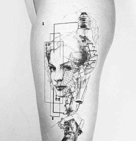 点线几何大腿鞋子人像纹身图案