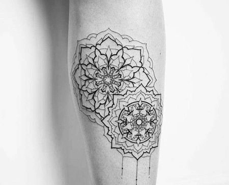 线条几何小腿繁花纹身图案