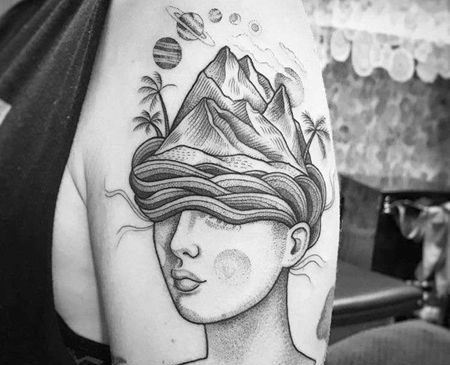 点刺线条大臂人像山星球纹身图案