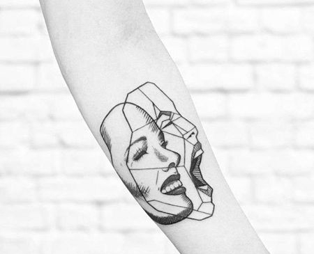 线条几何小臂人像面具几何纹身图案