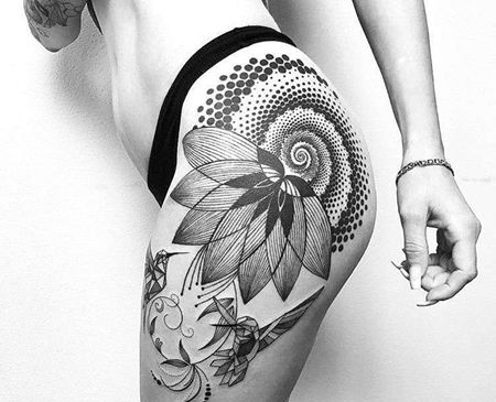 点刺线条几何大腿花卉鸟纹身图案