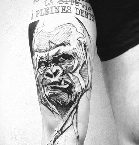 线条泼墨大腿猩猩纹身图案