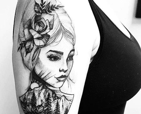 点线大臂人像花卉山纹身图案