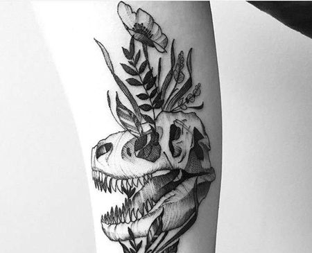 点线小腿恐龙骷髅花卉纹身图案