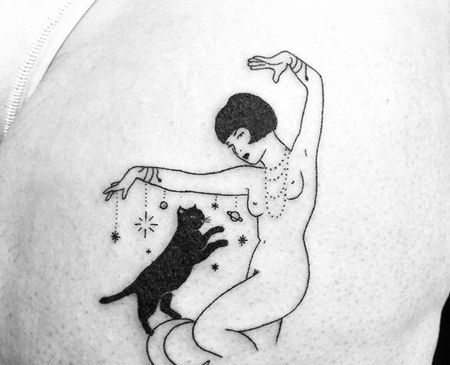 小清新大腿人像猫纹身图案