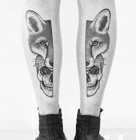 点刺线条小臂狐狸骷髅纹身图案