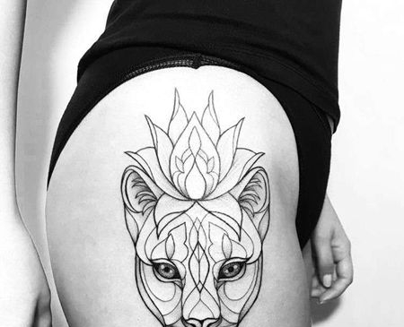 线条几何大腿狮子纹身图案