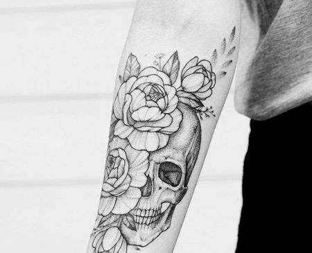 点刺线条小臂骷髅花卉纹身图案