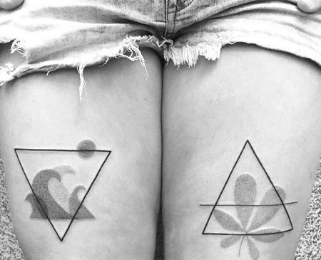 点刺几何大腿海浪叶子纹身图案