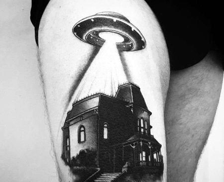 写实小臂飞碟建筑纹身图案